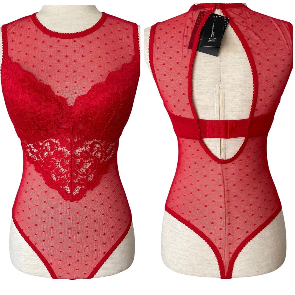 NEW INC INTERNATIONAL CONCEPTS Sleeveless Sheer Lace Lingerie Bodysuit Red Small